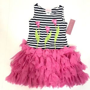 💕Navy/White striped Dress w/ Pink Ruffle